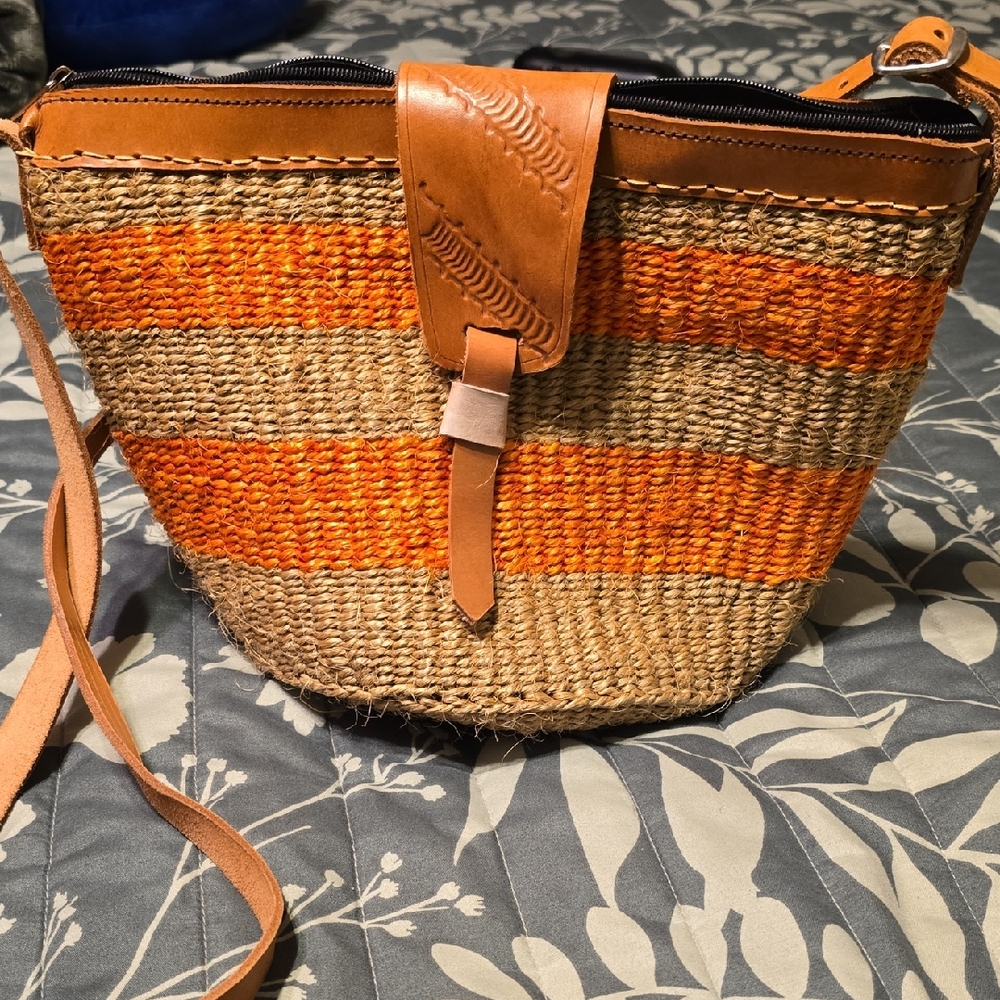 Orange and Tan Woven Crossbody Bag